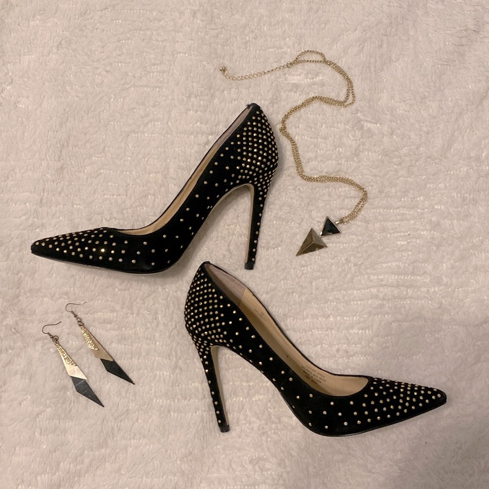 Enzo Angiolini Black Velvet Gold Studded Stilettos